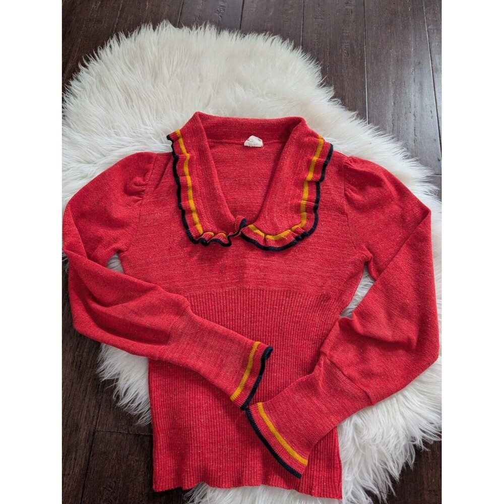 Vintage Retro 1970s 70s Red Ruffle Collar V Neck Sweater Jumper S Small